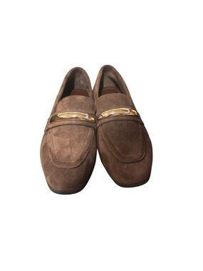 Seychelles Brown Suede Loafers with Gold Bar Accent